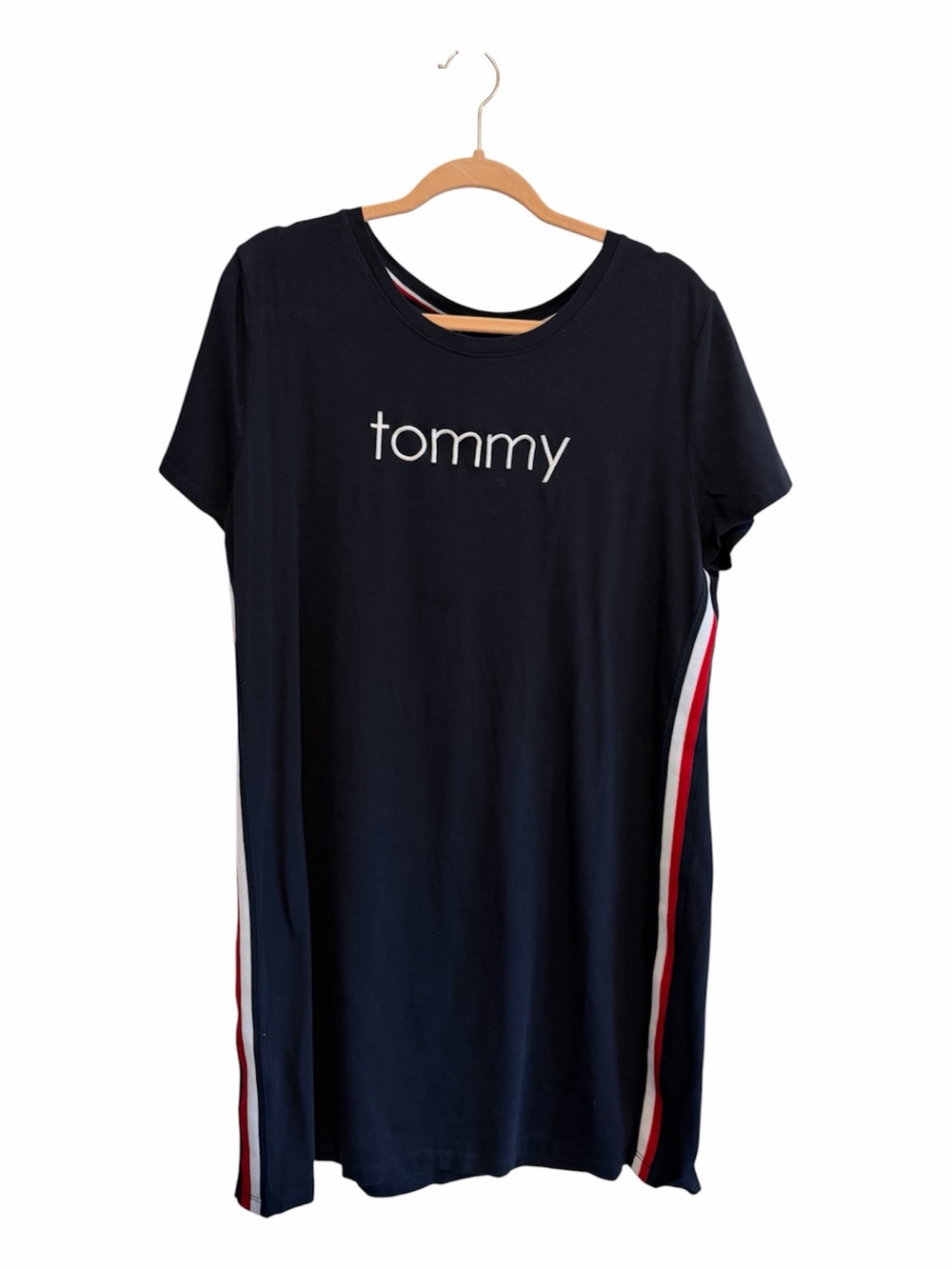 Tommy Hilfiger Navy Tee Dress with White Logo and Red-White Side Stripes